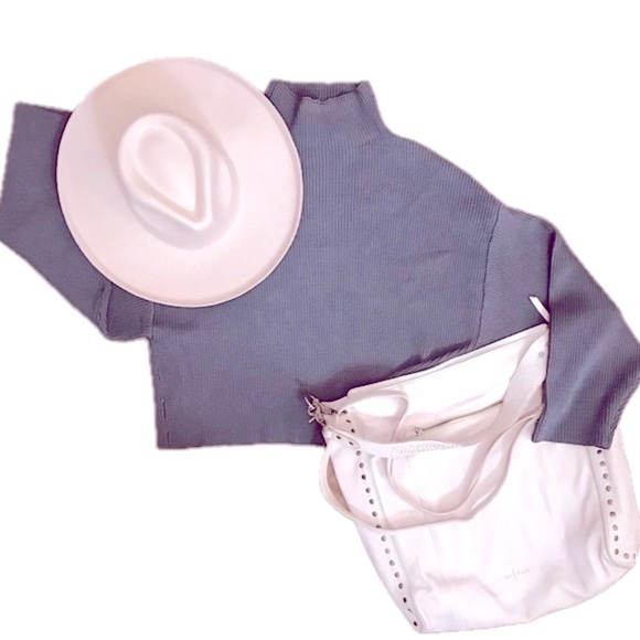 Zara Blue Gray Cropped Funnel Neck Drop Shoulder Sweater - Picture 4 of 12